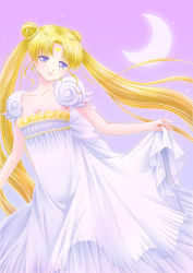 Rule 34 | 1990s (style), 1girl, bare shoulders, bishoujo senshi sailor moon, blonde hair, blue eyes, breasts, cleavage, clothes lift, crescent, crescent facial mark, crescent moon, double bun, dress, dress lift, earrings, facial mark, flower, forehead mark, hair flower, hair ornament, hiyori (nyatto), jewelry, light smile, long hair, moon, princess serenity, retro artstyle, small breasts, solo, tsukino usagi, twintails, very long hair