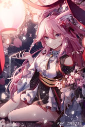 Rule 34 | 1girl, absurdres, ai xiao meng, alcohol, animal ears, blush, breasts, cherry blossoms, commentary, cup, dated, folding fan, fox ears, hair between eyes, hair flaps, hand fan, highres, holding, holding cup, holding fan, honkai (series), honkai impact 3rd, japanese clothes, kimono, lantern, large breasts, light particles, long hair, looking at viewer, medium breasts, messy hair, night, nontraditional miko, petals, pink hair, pouring, purple eyes, sakazuki, sake, short kimono, smile, solo, very long hair, wide sleeves, yae sakura