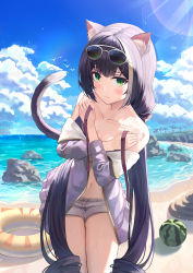 Rule 34 | 1girl, animal ear fluff, animal ears, bare arms, bare shoulders, beach, bekkuro, bikini, black hair, blue bikini, breasts, cat ears, cat girl, cat tail, cloud, cloudy sky, commentary request, day, eyewear on head, food, fruit, highres, innertube, jacket, karyl (princess connect!), karyl (summer) (princess connect!), leaning forward, long hair, long sleeves, multicolored hair, navel, off shoulder, open clothes, open jacket, outdoors, princess connect!, purple jacket, short shorts, shorts, sky, solo, standing, stomach, streaked hair, sunglasses, swim ring, swimsuit, tail, tail raised, twintails, very long hair, watermelon, wet, white hair, white shorts
