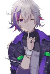 Rule 34 | 1boy, ;), absurdres, black jacket, black shirt, fuwa minato, grey hair, hair between eyes, hand up, highres, index finger raised, jacket, looking at viewer, male focus, multicolored hair, nijisanji, one eye closed, open clothes, open jacket, purple eyes, purple hair, red hair, shiino sera, shirt, signature, simple background, smile, solo, streaked hair, upper body, virtual youtuber, white background