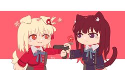 Rule 34 | 2girls, animal ear fluff, animal ears, artist name, blue ribbon, brown hair, cat ears, cat girl, cat tail, chibi, chinese commentary, closed mouth, commentary request, dog ears, dog girl, dog tail, dress, flower, gun, hair ribbon, handgun, highres, holding, holding flower, holding gun, holding weapon, inoue takina, kemonomimi mode, long hair, long sleeves, looking at another, lycoris recoil, multiple girls, neck ribbon, nishikigi chisato, one side up, parted lips, pink background, purple dress, purple eyes, red dress, red eyes, red ribbon, ribbon, smile, tail, two-tone background, weapon, white background, yanlingjinshilihuahua