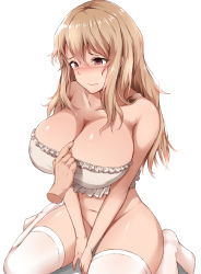 Rule 34 | 1girl, assisted exposure, bare shoulders, blonde hair, blush, bottomless, bra, breasts, brown eyes, cleavage, closed mouth, collarbone, disembodied limb, embarrassed, frilled bra, frills, hair between eyes, half-closed eyes, huge breasts, lingerie, long hair, looking down, male hand, moruta (sunu-pio), navel, nose blush, original, pov, pov hands, purple eyes, simple background, sitting, solo focus, thighhighs, thighs, transparent, underwear, v arms, wariza, wavy hair, white background, white thighhighs
