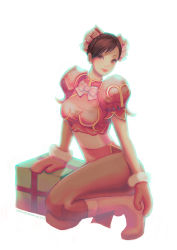 Rule 34 | 1girl, alternate color, alternate footwear, boots, bow, box, brown eyes, brown hair, bun cover, china dress, chinese clothes, christmas, chun-li, double bun, dress, gift, gift box, highres, jaimito, kneeling, lips, mittens, pantyhose, short hair, smile, solo, street fighter