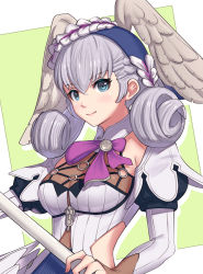 Rule 34 | 1girl, aqua eyes, blush, breasts, curly hair, gonzarez, hairband, head wings, holding, holding staff, looking at viewer, medium breasts, melia antiqua, nintendo, o-ring, pink ribbon, ribbon, silver hair, solo, staff, upper body, wings, xenoblade chronicles: future connected, xenoblade chronicles (series), xenoblade chronicles 1