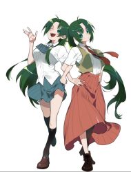 Rule 34 | 2girls, ankle boots, black socks, blue skirt, boots, bow, breasts, closed mouth, collared shirt, colored eyelashes, full body, green eyes, green hair, half updo, hands on own hips, high ponytail, highres, higurashi no naku koro ni, kneehighs, large breasts, loafers, locked arms, long hair, long skirt, looking at viewer, multiple girls, necktie, official art, one eye closed, open mouth, pleated skirt, ponytail, red necktie, red skirt, school uniform, shirt, shoes, siblings, side-by-side, simple background, sisters, skirt, smile, socks, sonozaki mion, sonozaki shion, st. lucia academy school uniform, summer uniform, suzuki jirou, teeth, third-party source, twins, upper teeth only, very long hair, vest, white background, yellow vest