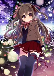 Rule 34 | 1girl, bare tree, black thighhighs, blush, bow, bowtie, brown jacket, cardigan, christmas, christmas ornaments, christmas tree, closed mouth, collared shirt, commentary request, diagonal stripes, hair between eyes, hair ribbon, head tilt, highres, jacket, leg ribbon, long sleeves, looking at viewer, nagayama yuunon, original, outdoors, pink scarf, plaid, plaid scarf, pleated skirt, print bow, print bowtie, print neckwear, red eyes, red ribbon, red skirt, ribbon, scarf, shirt, skirt, sky, sleeves past wrists, smile, snowflakes, solo, star (sky), starry sky, striped, thighhighs, tree, two side up, white shirt