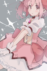 Rule 34 | 1girl, blush, bow, bubble skirt, buttons, choker, cowboy shot, dot nose, dress, frilled skirt, frilled sleeves, frills, gloves, grey background, hair between eyes, hair bow, highres, kaname madoka, light blush, looking at viewer, magical girl, mahou shoujo madoka magica, mahou shoujo madoka magica (anime), own hands together, parted lips, pink bow, pink eyes, pink hair, pink ribbon, priority9, puffy short sleeves, puffy sleeves, red choker, red ribbon, ribbon, ribbon choker, short sleeves, short twintails, sidelocks, simple background, skirt, solo, soul gem, sparkle, sparkle background, twintails, v arms, white gloves