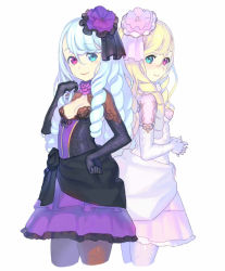 Rule 34 | 2girls, dress, drill hair, dungeons &amp; princess, enkyo yuuichirou, hand on own hip, heterochromia, lace, lace-trimmed dress, lace trim, multiple girls, own hands together, pantyhose, purple eyes, simple background, white background, white hair