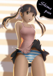 Rule 34 | 1girl, bad id, bad pixiv id, brown eyes, brown hair, clothes lift, dress, dress lift, highres, original, panties, ribbon, siraha, solo, striped clothes, striped panties, twintails, underwear, wind, wind lift