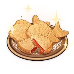 Rule 34 | artist request, biscuit (bread), commentary, english commentary, food, food art, food focus, game cg, genshin impact, lowres, no humans, official art, plate, simple background, sparkle, still life, taiyaki, third-party source, transparent background, wagashi