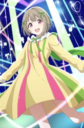 Rule 34 | 1girl, bare legs, bow, capelet, collar, dress, eyebrows hidden by hair, frilled collar, frills, from below, green bow, green capelet, green neckwear, hair bow, highres, laser, light brown hair, light particles, long sleeves, love live!, love live! nijigasaki high school idol club, love live! school idol festival all stars, mutekikyuu believer, nakasu kasumi, outstretched arms, purple eyes, qnsya, short hair, sky, solo, spotlight, standing, star (sky), starry sky, striped clothes, striped dress, yellow dress