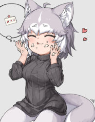 Rule 34 | 1girl, :3, :q, ^ ^, ahoge, alternate costume, animal ear fluff, animal ears, black sweater, cake, closed eyes, dog (mixed breed) (kemono friends), dog ears, dog girl, dog tail, food, food on face, grey background, grey hair, hands up, heart, kemono friends, long sleeves, multicolored hair, nyifu, pantyhose, ribbed sweater, short hair, simple background, solo, sweater, tail, thought bubble, tongue, tongue out, turtleneck, turtleneck sweater, two-tone hair, white hair, white pantyhose