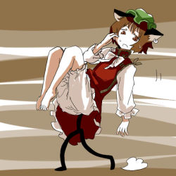 Rule 34 | 1girl, barefoot, bloomers, chen, earrings, female focus, hat, jewelry, multiple tails, ritsu (roboroboro), short hair, solo, tail, touhou, underwear