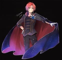 Rule 34 | 10s, 1boy, black background, blue rose, cape, character name, ensemble stars!, fang, flower, gloves, green eyes, looking at viewer, male focus, red hair, rose, solo, sparkle, tama (songe), tsukinaga leo, white gloves