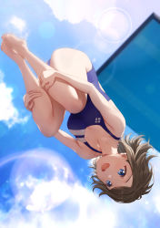 Rule 34 | 1girl, :d, barefoot, blue eyes, blue one-piece swimsuit, blue sky, breasts, brown hair, cleavage, competition swimsuit, day, highres, jumping, lens flare, love live!, love live! sunshine!!, medium breasts, one-piece swimsuit, open mouth, outdoors, shamakho, short hair, sky, smile, solo, sunlight, swimsuit, thighs, upside-down, watanabe you