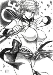 Rule 34 | 1girl, bishoujo senshi sailor moon, bow, breasts, choker, commentary, covered navel, dagger, elbow gloves, gloves, greyscale, hands up, holding, holding weapon, knife, large breasts, leg up, leotard, lips, looking at viewer, monochrome, parted lips, petals, pleated skirt, reverse grip, sailor collar, sailor senshi uniform, sailor uranus, short hair, simple background, skidrow, skirt, ten&#039;ou haruka, thighs, weapon