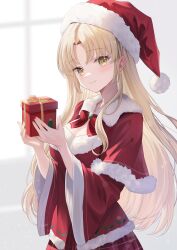 Rule 34 | 1girl, bag, blonde hair, bow, bowtie, box, breasts, capelet, cleavage, closed mouth, floating hair, fur-trimmed capelet, fur-trimmed headwear, fur trim, gift, gift box, hat, highres, holding, holding bag, kurage cc, long hair, looking at viewer, medium breasts, nijisanji, plaid, plaid skirt, red bow, red bowtie, red capelet, red hat, red skirt, santa costume, santa hat, sister claire, skirt, smile, solo, upper body, very long hair, virtual youtuber, yellow eyes