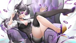 Rule 34 | 1girl, animal ear fluff, animal ears, armchair, black hair, black nails, black shorts, black vest, blurry, breasts, candy, card, chair, choker, cleavage, collared shirt, depth of field, earrings, food, fox ears, fox girl, fox tail, green eyes, high heels, highres, holding, holding candy, holding card, holding food, holding lollipop, jewelry, large breasts, lollipop, long hair, looking at viewer, meridian project, mole, mole on breast, nail polish, o-ring, o-ring choker, playing card, poker chip, ponytail, purple footwear, seki (vtuber), shirt, shorts, single thighhigh, sitting sideways, sleeves rolled up, smile, solo, sunglasses, tail, thighhighs, tobunchudoku, tongue, tongue out, vest, virtual youtuber