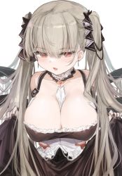 Rule 34 | 1girl, 7gao, azur lane, breasts, cleavage, clothes lift, covered erect nipples, dress, dress lift, earrings, formidable (azur lane), gothic lolita, grey hair, highres, jewelry, large breasts, lolita fashion, long hair, red eyes, solo, twintails, very long hair