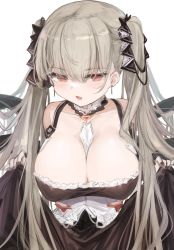 1girl 7gao azur_lane breasts cleavage clothes_lift covered_erect_nipples dress dress_lift earrings formidable_(azur_lane) gothic_lolita grey_hair highres jewelry large_breasts lolita_fashion long_hair red_eyes solo twintails very_long_hair