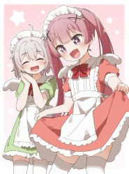 Rule 34 | 2girls, :d, ^ ^, absurdres, ahoge, alternate costume, apron, blush, bow, closed eyes, collared dress, commentary request, dress, enmaided, fang, green dress, grey hair, hair between eyes, hair ornament, hands up, highres, konomori kanon, long hair, maid, maid apron, maid headdress, mini wings, multiple girls, open mouth, own hands together, palms together, pink background, polka dot, polka dot background, puffy short sleeves, puffy sleeves, purple eyes, red bow, red dress, red hair, short sleeves, smile, star (symbol), starry background, tanemura koyori, thighhighs, twintails, very long hair, watashi ni tenshi ga maiorita!, white apron, white legwear, white wings, wings, x hair ornament, yukie (kusaka shi)