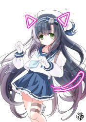 Rule 34 | 1girl, :o, animal ears, beret, blue neckerchief, blue sailor collar, blue skirt, blush, brown hair, chize, collarbone, fake animal ears, fake tail, gloves, green eyes, hair between eyes, hat, head tilt, juliet sleeves, kantai collection, long hair, long sleeves, matsuwa (kancolle), neckerchief, parted lips, pleated skirt, puffy sleeves, sailor collar, shirt, simple background, skirt, solo, tail, thigh strap, very long hair, white background, white gloves, white hat, white shirt