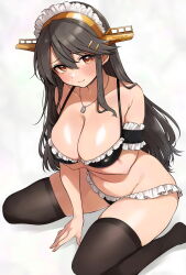 Rule 34 | 1girl, alternate costume, bikini, black bikini, black hair, black thighhighs, breasts, brown eyes, cleavage, closed mouth, commentary request, frilled bikini, frills, hair between eyes, hair ornament, hairband, haruna (kancolle), headgear, jewelry, kantai collection, large breasts, long hair, maid, maid bikini, maid headdress, navel, necklace, sawamura aoi, sitting, smile, solo, swimsuit, thighhighs, thighs, unconventional maid, wariza