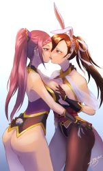 Rule 34 | 2girls, after kiss, animal ears, ass, ass grab, asymmetrical docking, bare hips, bare shoulders, blush, bottomless, braid, braided ponytail, breast press, breasts, breasts out, brown eyes, brown hair, cleavage, commission, commissioner upload, detached collar, earrings, fire emblem, fire emblem fates, fire emblem heroes, french kiss, gloves, grabbing, grabbing another&#039;s breast, hair ornament, hair over one eye, holding, jewelry, juunishi aya, kagero (fire emblem), kagero (spring) (fire emblem), kiss, large breasts, leotard, lips, loki (fire emblem), long hair, mature female, multiple girls, ninja, nintendo, non-web source, official alternate costume, open mouth, pantyhose, pixiv commission, playboy bunny, ponytail, purple eyes, purple hair, rabbit ears, rabbit tail, ribbon, rubber gloves, simple background, smile, staring, tail, tassel, thighhighs, tongue, tongue out, white ribbon, yuri