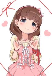 Rule 34 | 1girl, blue eyes, blush stickers, bow, brown hair, brown shirt, closed mouth, collarbone, dress, hair bow, hairband, hands up, head tilt, heart, idolmaster, idolmaster cinderella girls, jewelry, long hair, looking at viewer, pendant, pink bow, pink dress, pink hairband, red ribbon, ribbon, sakuma mayu, shirt, short sleeves, simple background, sleeveless, sleeveless dress, smile, solo, string, string of fate, tadanoshi kabane, white background, white bow