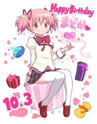 Rule 34 | 1girl, birthday, bow, bowtie, box, brown footwear, character name, full body, gecchu, gift, gift box, highres, kaname madoka, loafers, looking at viewer, mahou shoujo madoka magica, mahou shoujo madoka magica (anime), mitakihara school uniform, official style, pink eyes, pink hair, plaid, plaid skirt, pleated skirt, school uniform, shoes, skirt, smile, solo, thighhighs, twintails, white thighhighs