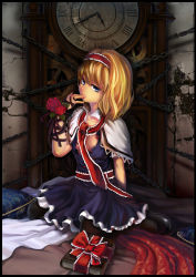 Rule 34 | 1girl, alice margatroid, blonde hair, blue eyes, book, chain, clock, female focus, flower, grandfather clock, hairband, highres, klamp, open clothes, open shirt, pantyhose, rose, shirt, short hair, solo, touhou