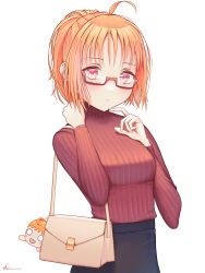 Rule 34 | 1girl, :o, adjusting hair, alternate hairstyle, artist name, artist request, bag, black skirt, blush, braid, breasts, carrying bag, close-up, female focus, glasses, high ponytail, highres, leotard, looking at viewer, love live!, love live! sunshine!!, medium breasts, miniskirt, orange hair, parted lips, plaid, plaid skirt, playboy bunny, pleated, pleated skirt, ponytail, red eyes, red sweater, short hair, shoulder bag, side braid, skirt, smile, solo, sweater, takami chika, white background