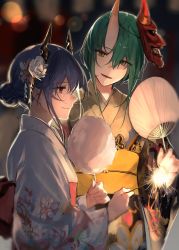 Rule 34 | 2girls, absurdres, arknights, blue hair, blurry, bokeh, ch&#039;en (arknights), commentary, cotton candy, depth of field, dragon horns, flower, food, from side, green hair, hair bun, hair flower, hair ornament, hand fan, highres, holding, holding fan, holding fireworks, holding food, holding sparkler, horns, hoshiguma (arknights), japanese clothes, kimono, long hair, looking at another, mask, multiple girls, obi, oni mask, red eyes, red sash, ryat, sash, short hair with long locks, single hair bun, single horn, smile, symbol-only commentary, upper body, white flower, white kimono, yellow eyes, yellow kimono, yellow sash