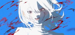 Rule 34 | 1girl, blood, blood on face, blood spray, blue background, blue eyes, colored skin, floating hair, highres, looking at viewer, medium hair, open mouth, original, portrait, red pupils, riroi (rntr ll), shirt, simple background, smile, solo, teeth, tongue, upper teeth only, white hair, white shirt, white skin