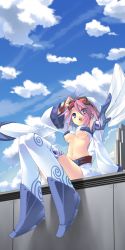 Rule 34 | 1girl, akizuki nagi, blue eyes, breasts, game cg, goggles, highres, ito noizi, midriff, open mouth, peace@pieces, pink hair, sky, smile, solo, underboob, wings