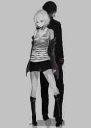Rule 34 | 1boy, 1girl, absurdres, arm at side, bare shoulders, black dress, black hair, black skirt, blue eyes, boots, braid, breasts, closed mouth, cuffs, dress, from behind, grey background, greyscale, hair between eyes, handcuffed, handcuffed together, handcuffs, hatsune miku, highres, jacket, looking at viewer, misaki nonaka, monochrome, outstretched arm, partially colored, shadow, shirt, short hair, simple background, single braid, skirt, standing, striped clothes, striped shirt, thigh boots, thighhighs, vocaloid, white hair