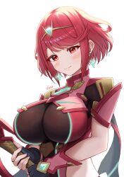 Rule 34 | 1girl, absurdres, aegis sword (xenoblade), blush, breasts, chest jewel, cleavage, dangle earrings, earrings, fingerless gloves, gem, gloves, headpiece, highres, jewelry, large breasts, pyra (xenoblade), red eyes, red hair, short hair, skin tight, smile, solo, swept bangs, sword, taro (peach taro51), tiara, weapon, xenoblade chronicles (series), xenoblade chronicles 2