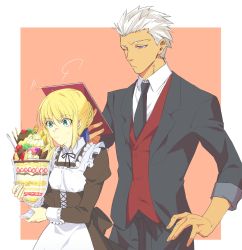Rule 34 | 1boy, 1girl, apron, archer (fate), artoria pendragon (all), artoria pendragon (fate), black jacket, black necktie, black shirt, blonde hair, blue ribbon, border, braid, closed mouth, collared shirt, fate/stay night, fate (series), frown, green eyes, grey eyes, hair ribbon, hand on own hip, highres, holding, jacket, long sleeves, maid, neck ribbon, necktie, open clothes, open jacket, outside border, red vest, ribbon, saber (fate), shirt, short hair, sketch, spiked hair, sweatdrop, underbust, vest, vvv1356 ygo, white apron, white border, white hair, white ribbon, white shirt, wing collar