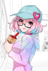 Rule 34 | 1girl, baseball cap, bespectacled, black-framed eyewear, blue hair, breasts, bubble tea, choker, clothes writing, commentary, cup, disposable cup, drinking straw, eyebrows visible through hat, fang, from side, glasses, gradient hoodie, hat, heart, holding, holding cup, hood, hood down, hoodie, idolmaster, idolmaster cinderella girls, indoors, large breasts, long sleeves, looking at viewer, mall, monochrome background, multicolored hair, open mouth, pink choker, pink hoodie, raised eyebrows, semi-rimless eyewear, solo, sparkle print, sukoyaka (100hituzi), two-tone hair, upper body, yumemi riamu