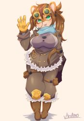 Rule 34 | 1girl, :3, absurdres, animal ears, artist name, belt, blue scarf, blush, boots, breasts, brown background, brown footwear, brown hair, brown jacket, brown pants, buck teeth, female focus, full body, fur-trimmed footwear, fur-trimmed jacket, fur trim, furry, furry female, gloves, goggles, goggles on head, gradient background, green-tinted eyewear, green eyes, hamster ears, hamster girl, hand up, happy, highres, jacket, knee boots, knee pads, large breasts, light blush, long hair, long sleeves, looking at viewer, multicolored hair, open clothes, open jacket, open mouth, original, pants, pouch, purple shirt, red hair, ryuusui arumo, scarf, shirt, sidelocks, signature, simple background, smile, solo, standing, streaked hair, teeth, thigh strap, tinted eyewear, twintails, two-tone hair, uneven twintails, waving, winter clothes, yellow-framed eyewear, yellow gloves