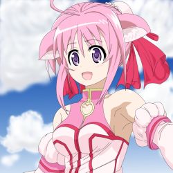 Rule 34 | 10s, 1girl, ahoge, animal ears, bare shoulders, breasts, cloud, dog days, dog ears, dog tail, dress, female focus, hair ribbon, millhiore f. biscotti, open mouth, outdoors, pink hair, purple eyes, ribbon, short hair, sky, smile, solo, tail