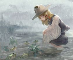 Rule 34 | 1girl, absurdres, animal, blonde hair, closed mouth, crossed arms, day, fingernails, fog, frog, from side, hat, highres, leaning forward, lips, long hair, long sleeves, looking at another, medium skirt, moriya suwako, nanaironokabi, outdoors, rain, ripples, shirt, skirt, smile, squatting, touhou, vest, wading, water, wet, wet clothes, wide sleeves, yellow eyes