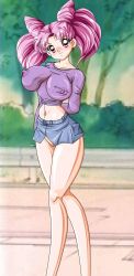 Rule 34 | 1990s (style), absurdres, akane (cgbox), bishoujo senshi sailor moon, breasts, chibi usa, clothes lift, highres, pink hair, pussy, red eyes, retro artstyle, see-through, skirt, skirt lift, twintails
