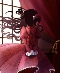 1girl, black hair, black skin, chimy, colored skin, dress, highres, kate (shadows house), long hair, red curtains, red dress, rose hair ornament, shadow (shadows house), shadows house, twintails, window