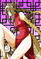 Rule 34 | 10s, 1girl, antlers, braid, breasts, brown hair, china dress, chinese clothes, claws, dragon girl, dragon horns, dragon tail, dress, green eyes, hair over one eye, horns, leg lift, long hair, monster girl, monster musume no iru nichijou, pointy ears, ryu-jin (monster musume), ryuu-jin (monster musume), s-now, scales, side slit, signature, single braid, sleeveless, slit pupils, small breasts, solo, tail, very long hair
