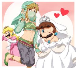 Rule 34 | 3boys, alternate costume, bad id, bad pixiv id, blonde hair, blue eyes, bridal veil, brown hair, company connection, cosplay, crossdressing, crossover, crown, detached sleeves, dress, elbow gloves, facial hair, fang, gerudo set (zelda), gloves, jewelry, link, looking at viewer, luigi, male focus, mario, mario &amp; luigi rpg, mario (series), midriff, mouth veil, multiple boys, mustache, navel, necklace, nintendo, one eye closed, princess peach, princess peach (cosplay), riko (sorube), stomach, super mario odyssey, the legend of zelda, the legend of zelda: breath of the wild, toned, toned male, trap, veil, wedding dress, white dress, white gloves, wig, wink