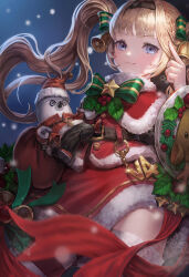 Rule 34 | 1girl, bell, black hairband, blonde hair, blue eyes, blush, bow, capelet, christmas, christmas ornaments, ddcc0123, dress, fur trim, green bow, green ribbon, hairband, highres, holding, holding stuffed toy, long hair, looking at viewer, original, outdoors, red capelet, ribbon, santa costume, santa dress, skirt, smile, snow, snowing, star (symbol), stuffed toy, thighhighs, twintails