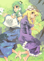 Rule 34 | 2girls, back-to-back, bare shoulders, barefoot, blonde hair, blue skirt, dress, feet, female focus, flower, frilled dress, frills, frog hair ornament, ghostly field club, green eyes, green hair, hair ornament, hand on own chest, hat, juliet sleeves, kochiya sanae, lily (flower), long hair, long sleeves, lying, maribel hearn, meadow, mob cap, multiple girls, nontraditional miko, on side, open mouth, puffy sleeves, purple dress, shirt, skirt, sleeveless, sleeveless shirt, touhou, white hat, white shirt, white sleeves, yellow eyes, yuu (kfc)
