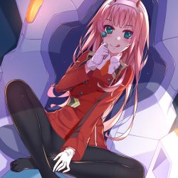 Rule 34 | 10s, 1girl, :q, black pantyhose, candy, closed mouth, commentary, darling in the franxx, dress, dutch angle, feet, food, full body, gloves, green eyes, hair ornament, high collar, holding, holding food, indian style, light smile, lollipop, long hair, long sleeves, looking at viewer, no shoes, pantyhose, pink hair, rumeha (aormsj22), short dress, sitting, solo, tongue, tongue out, white gloves, zero two (darling in the franxx)