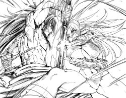 Rule 34 | 1boy, 1girl, abs, battle, borrowed character, breasts, clenched teeth, elbow gloves, gloves, greyscale, large breasts, long hair, monochrome, monochrome, motion lines, muscular, npqhytt12, one eye closed, original, revealing clothes, sharp teeth, topless male, sword, tabigarasu (mahjong yuugen gaisha 58), teeth, weapon
